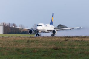 Airbus A319-100 from airline Lufthansa takes off from international airport Langenhagen / Hanover.